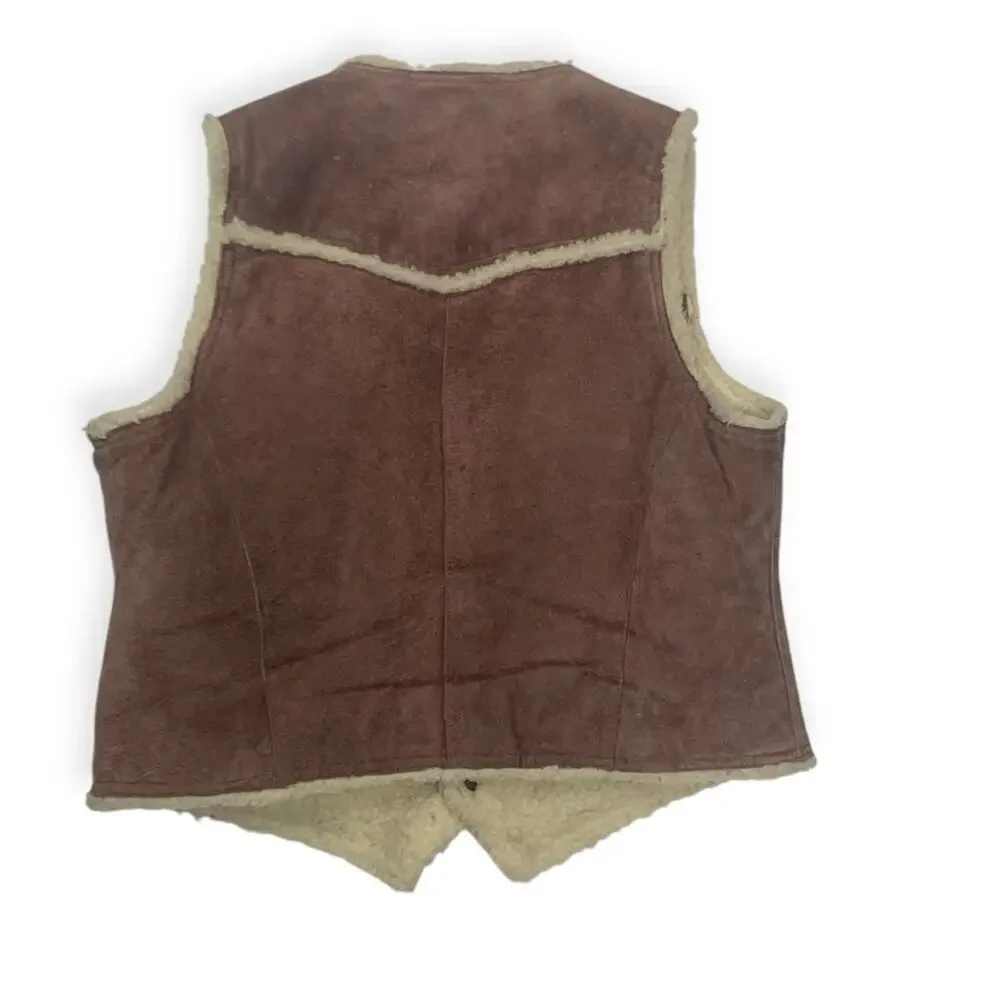 Vintage mens XL leather brown faux Sherpa vest oui cowboy western Yellowstone